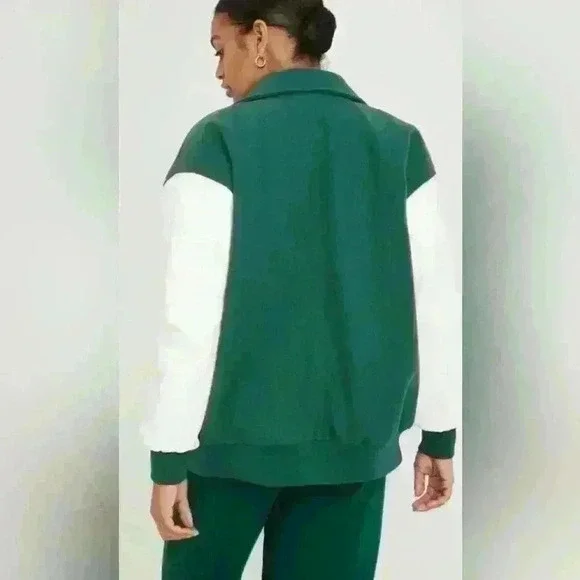 Garage | Varsity Jacket, Size M/L, Green with ivory white faux leather sleeves - Picture 2 of 10